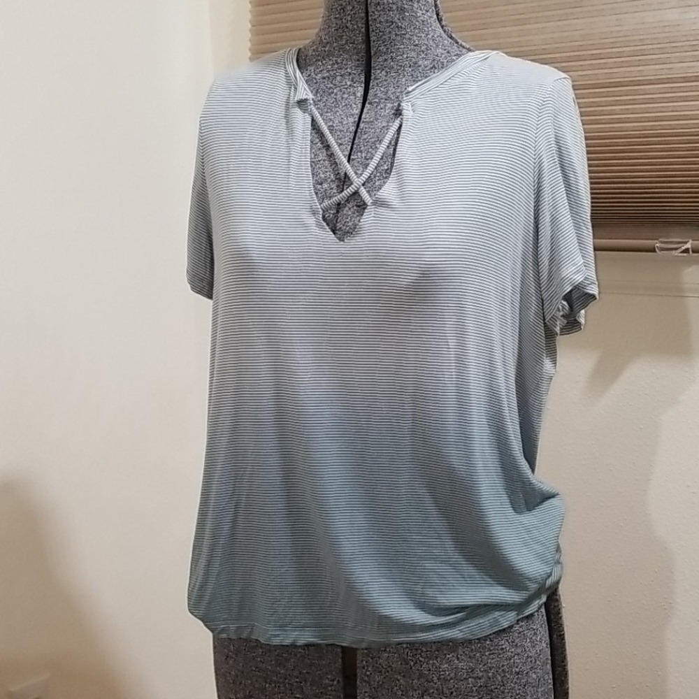 American Eagle Striped Ombre Crisscross‎ V-Neck Short Sleeve Top Green Grey M
